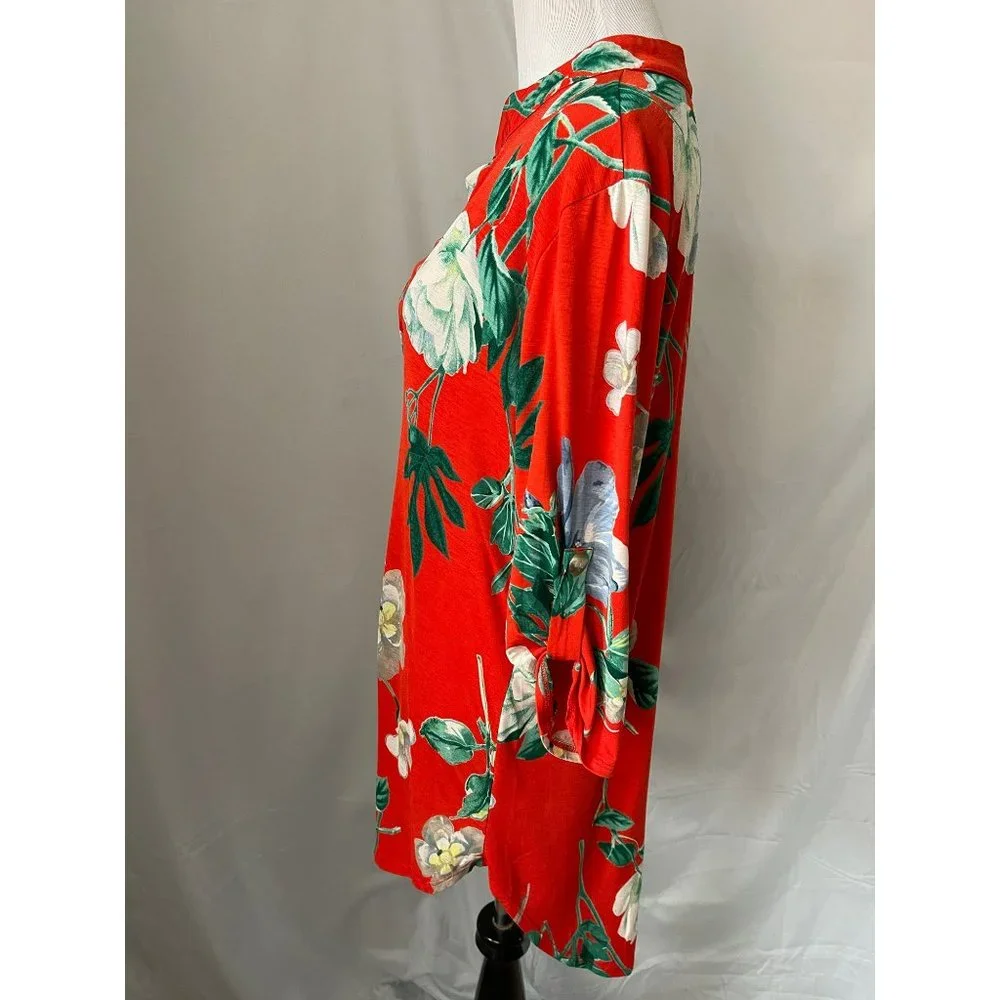 E'loges Collared Peek-a-boo V-Neck Floral Stretchy Short Sleeve Dress/Long Shirt - Picture 8 of 12